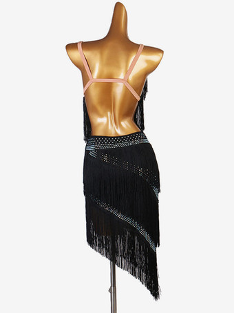 ラテンダンスドレスフリンジラインストーンレイヤードフリル女性ラテンダンサーダンスコスチューム