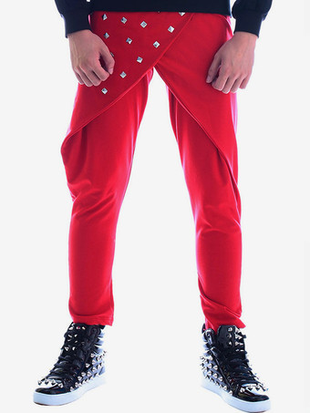 レッド ジャズダンスコスチュームメンズパンツ白ビーズヒップホップダンスボトムス