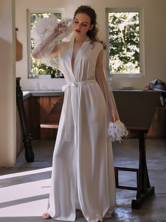 ロングナイトガウン ホワイト シック 薄手 羽 サテン生地 大人のランジェリー