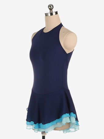 スケートドレスディープブルーポリエステルカラーブロックダンスコスチューム