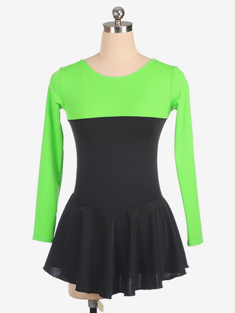 グラスグリーンスケートドレスローズポリエステル長袖ツートンカラーのダンス衣装