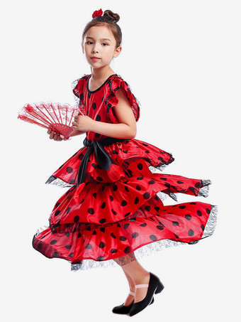 フラメンコ 衣装 レッド ダンス 衣装 ドレス サッシュベルト 髪飾り 子供用 ポリエステル コスチューム 社交ダンス ハロウィン イベント パーティー 団体服 ベリーダンス 衣装
