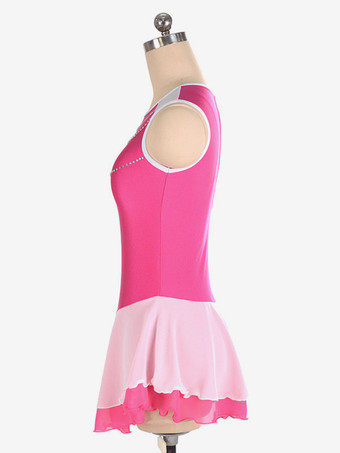 スケートドレスローズポリエステルカラーブロックダンス衣装