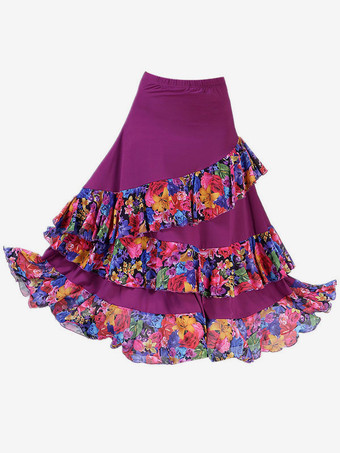 パープル ボールルームダンスコスチュームスカートブラック花柄プリントティアードトレーニングダンスボトムス