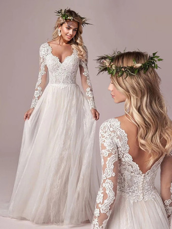 アイボリーのシンプルなウェディングドレス、トレーン付き、Aライン、Vネック、長袖、背中開き、レース、ブライダルガウン、無料カスタマイズ