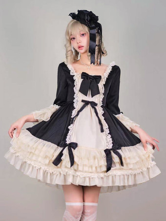 Lolitashow Vestido exclusivo de lolita gótica negra vestido de fiesta de té de manga larga con lazo de gasa y volantes bloque de color