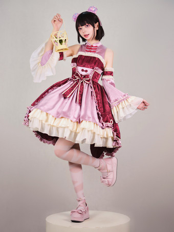 Lolitashow Esclusivo abito Lolita in stile cinese con fiocchi senza maniche in chiffon con stampa floreale abito da tea party bordeaux