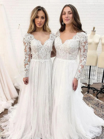 アイボリーのシンプルなウェディングドレス、トレーン付き、Aライン、Vネック、長袖、背中開き、レース、ブライダルガウン、無料カスタマイズ