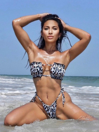 ヒョウ柄女性ビキニ水着ブラックレースアップストラップレスバックレスローライズウエスト夏セクシー水着