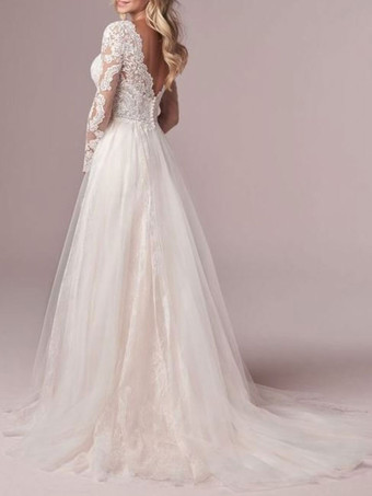 アイボリーのシンプルなウェディングドレス、トレーン付き、Aライン、Vネック、長袖、背中開き、レース、ブライダルガウン、無料カスタマイズ