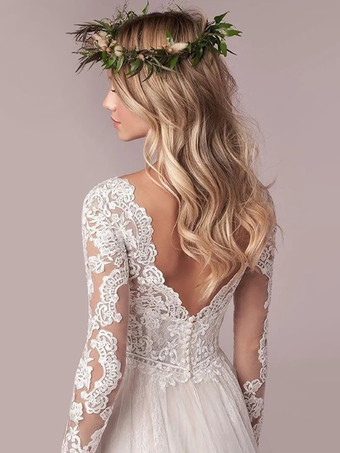 アイボリーのシンプルなウェディングドレス、トレーン付き、Aライン、Vネック、長袖、背中開き、レース、ブライダルガウン、無料カスタマイズ