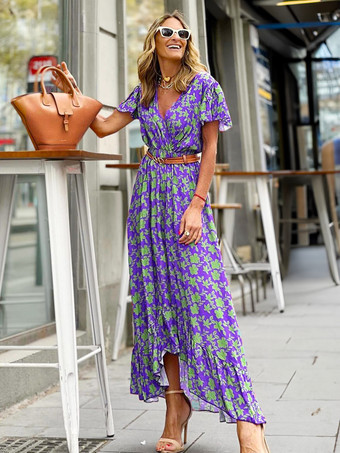 パープル Vネックマキシワンピース半袖ポリエステルプリントサッシロングワンピース