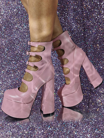 レディース アンクルブーツ レッド チャンキーヒール プラットフォーム カットアウト バックルディテール サンダル ブーティ