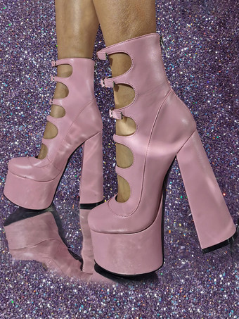 レディース アンクルブーツ レッド チャンキーヒール プラットフォーム カットアウト バックルディテール サンダル ブーティ