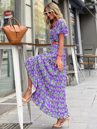 Vネックマキシワンピース半袖ポリエステルプリントサッシロングワンピース