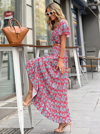 Vネックマキシワンピース半袖ポリエステルプリントサッシロングワンピース