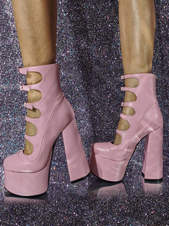 レディース アンクルブーツ レッド チャンキーヒール プラットフォーム カットアウト バックルディテール サンダル ブーティ