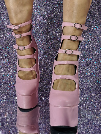 レディース アンクルブーツ レッド チャンキーヒール プラットフォーム カットアウト バックルディテール サンダル ブーティ