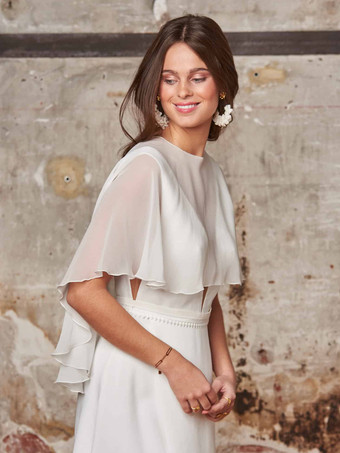 Wedding Wrap Ivory Short Sleeves Jewel Neck Shawls Chiffon Bridal Cover Up