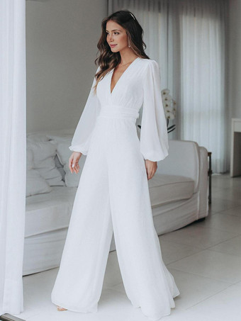 ブライダルジャンプスーツ シフォン 床長さのジャンプスーツ Vネック 長袖 ナチュラルウエスト アイボリー
