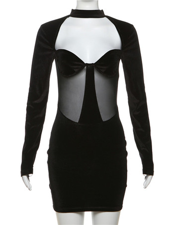 Abito aderente sexy Mini abiti in velluto a maniche lunghe trasparenti con pancia