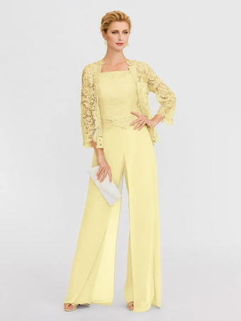 イエロー花嫁のマザーガウンバトーネック長袖Aラインレースライトグレーゲストパンツサッシ付き結婚式用スリーピース