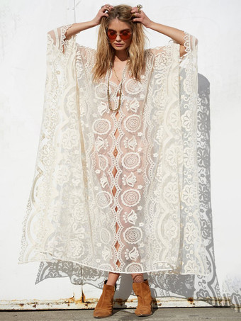 白いレースのカバーアップ装飾襟長袖不規則なビーチ衣装