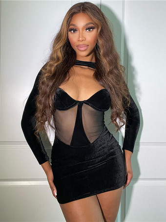 Nero Abito aderente sexy Mini abiti in velluto a maniche lunghe trasparenti con pancia