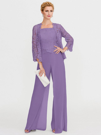 パープル 花嫁のマザーガウンバトーネック長袖Aラインレースライトグレーゲストパンツサッシ付き結婚式用スリーピース