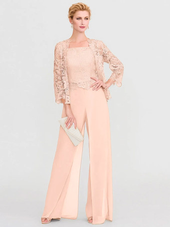 ソフトピンク花嫁のマザーガウンバトーネック長袖Aラインレースライトグレーゲストパンツサッシ付き結婚式用スリーピース