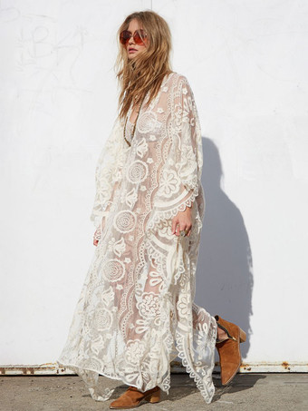 白いレースのカバーアップ装飾襟長袖不規則なビーチ衣装