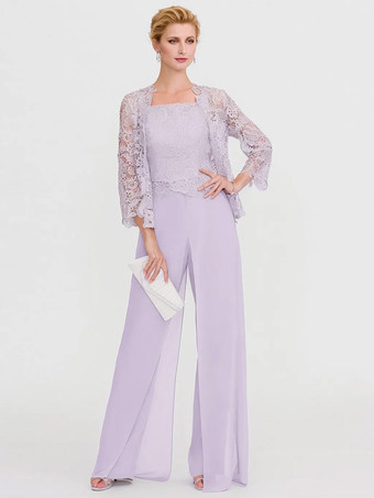 ラベンダー花嫁のマザーガウンバトーネック長袖Aラインレースライトグレーゲストパンツサッシ付き結婚式用スリーピース