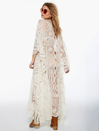 白いレースのカバーアップ装飾襟長袖不規則なビーチ衣装