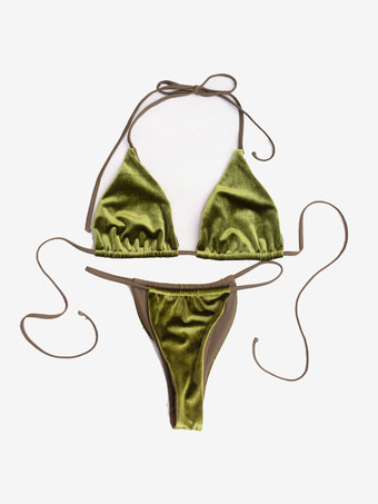 女性用ビキニ水着 イエロー レースアップ バックレス サマービーチ水着