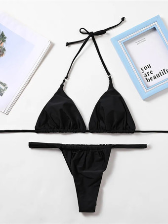 シャーリング ビキニ ホルター リング ディテール トップ G ストリング ボトム 2 個セット