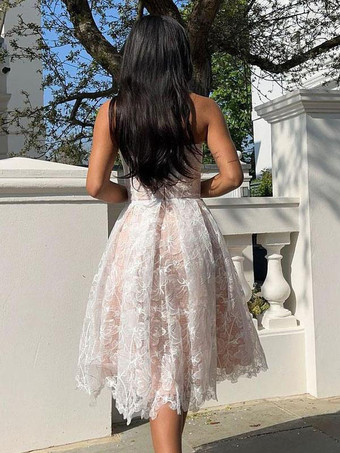 ラベンダー パーティードレス ストラップレス レース ノースリーブ オープンショルダー ミディドレス