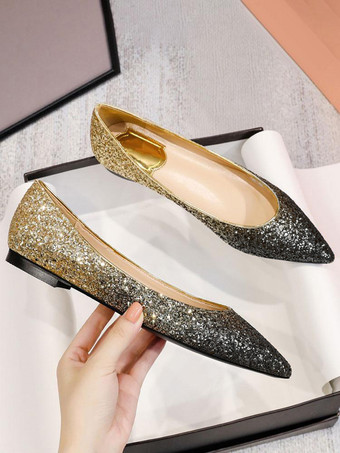 レディースブロンドバレエシューズスパンコールクロスポインテッドトゥゴールデンデイリーカジュアルシューズ