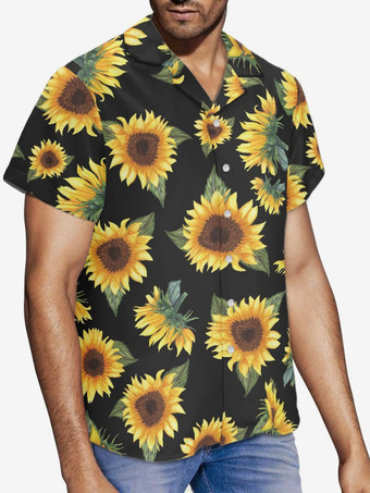 男性ファンキーアロハシャツ半袖夏休みひまわりプリントビーチカジュアルハワイシャツ