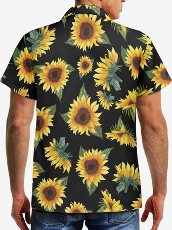 男性ファンキーアロハシャツ半袖夏休みひまわりプリントビーチカジュアルハワイシャツ