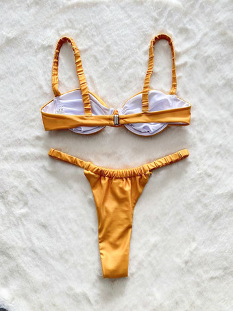 2-teiliges Set aus goldenem Bikinioberteil und Bikinihose mit G-String