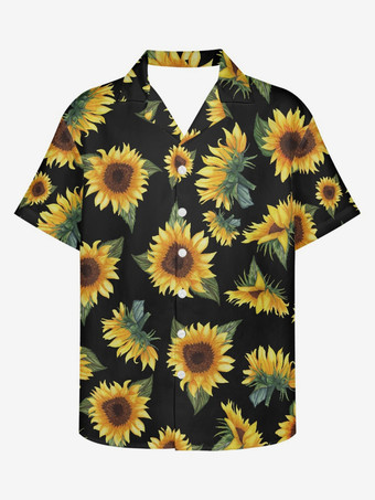 男性ファンキーアロハシャツ半袖夏休みひまわりプリントビーチカジュアルハワイシャツ