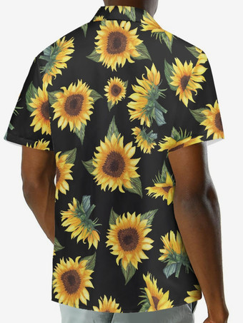 男性ファンキーアロハシャツ半袖夏休みひまわりプリントビーチカジュアルハワイシャツ