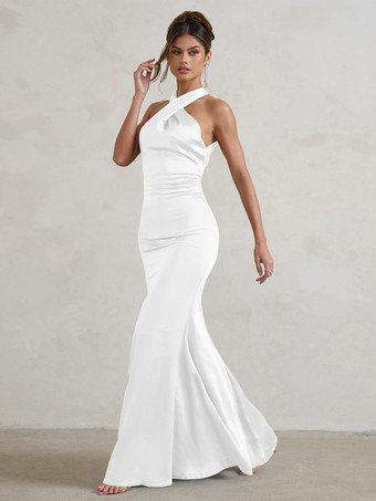ホワイトブライドメイドドレス マーメイド マキシレングス ジッパー サテン生地 ウェディングパーティードレス