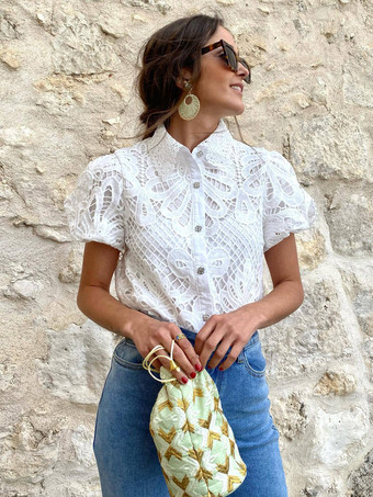 ホワイト パフスリーブ ブラウス ボタンアップ エレガント デイリー カジュアル レディース トップス