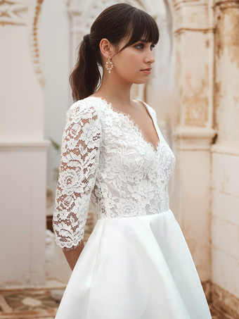 ショートウェディングドレス、ショートVネック、ハーフスリーブ、ショートナチュラルウエスト、レースブライダルドレス