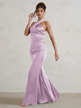 ラベンダーブライドメイドドレス マーメイド マキシレングス ジッパー サテン生地 ウェディングパーティードレス