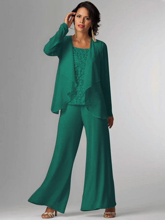 Vert foncéTenue de mère de mariée Tenue de mariage d'invitée blanche en chiffon 3 pièces