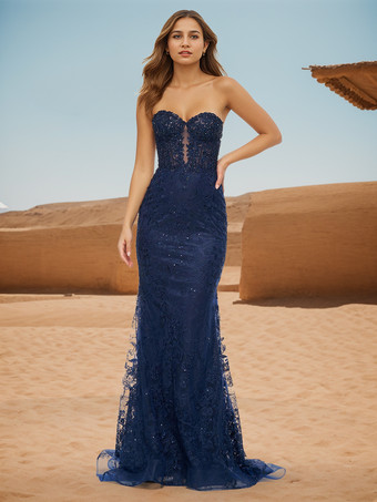 ダークネイビープロムドレス マーメイド 恋人ネック レース スイープレース フォーマルディナードレス