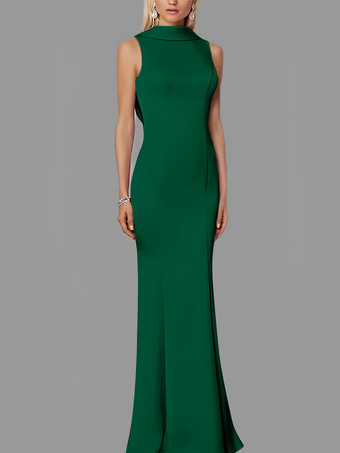 ダークグリーンイブニングドレス マーメイド ハイカラー ストレッチクレープ マキシレングスボタン フォーマルパーティードレス