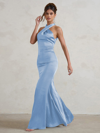 ベビーブルーブライドメイドドレス マーメイド マキシレングス ジッパー サテン生地 ウェディングパーティードレス